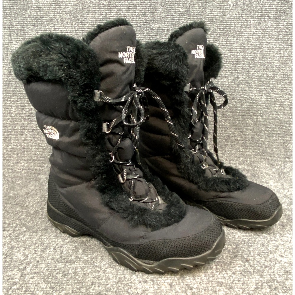 North Face Winter Boots Size 8.5 Womens Nuptse Fur Black Down Snow Lace Up